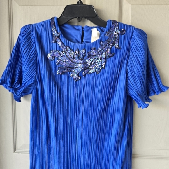 VTG 80s Michael Marcella Beaded Crinckle  Dress 4 Women Blue Y2k USA Layered - Picture 2 of 16